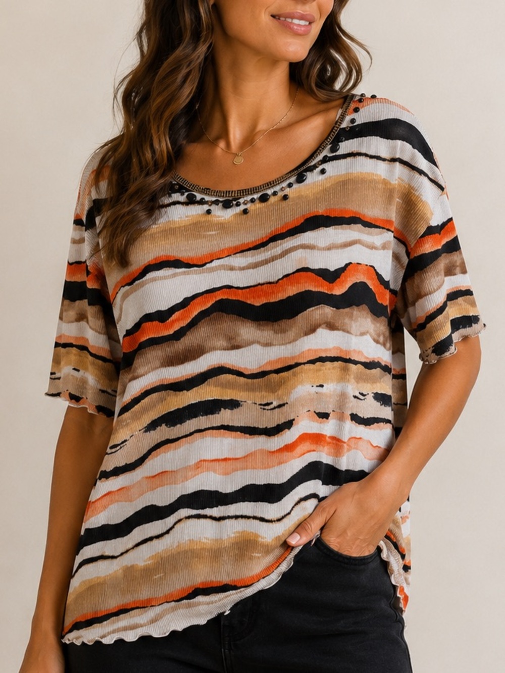 Alfred Dunner Tan Orange Black Striped Short Sleeve Top